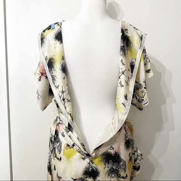 SANDRA ANGELOZZI 100% SILK TIGER TREE PRINT KEYHOLE COLD SHOULDER BELTED DRESS - Picture 7 of 12